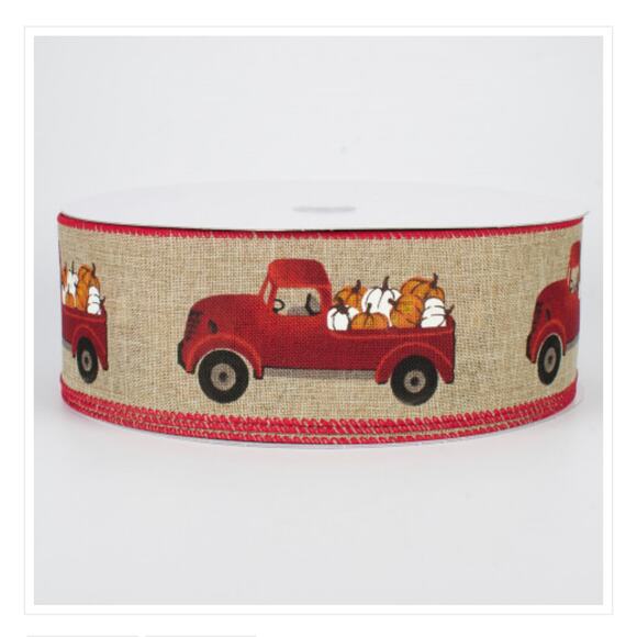 2.5 Inch Fall Harvest Ribbon - Red Truck with Pumpkins Burlap Wired Ribbon - Picture 2 of 3